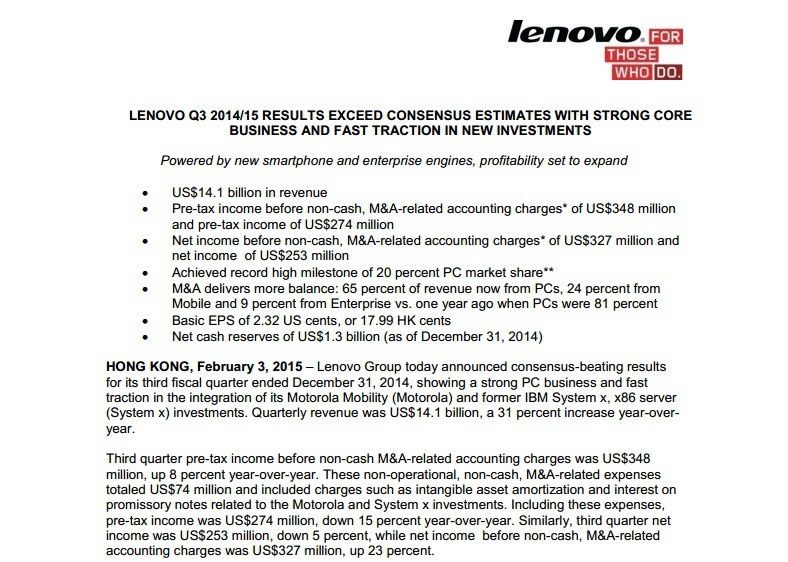 Lenovo - wyniki finansowe za Q3 2014/2015