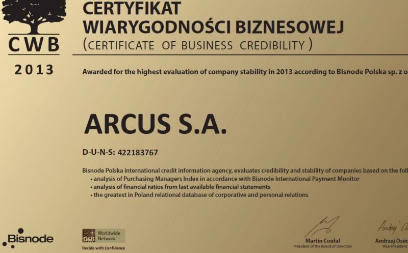 Arcus otrzymał Certyfikat Wiarygodności Biznesowej Dun&Bradstreet