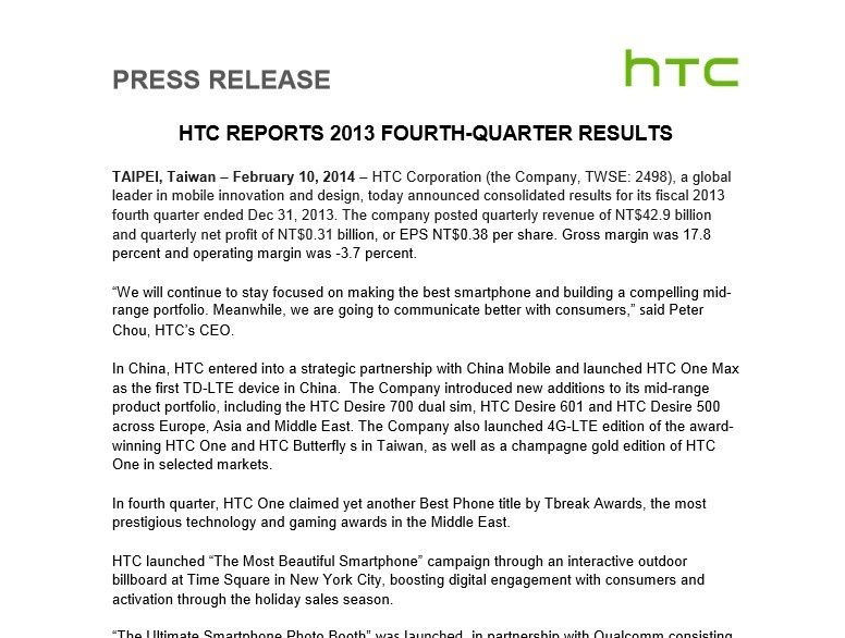 Q4 2013 w wykonaniu HTC - znowu spadek sprzedaży