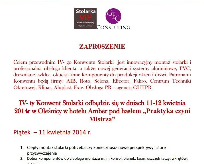 Zaproszenie - IV Konwent Stolarki - 11-12.04.2014