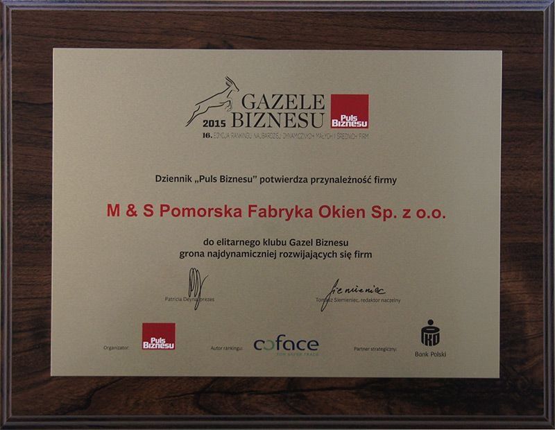 M&S Pomorska Fabryka Okien oraz M&S Okna i Drzwi po raz kolejny w gronie Gazel Biznesu